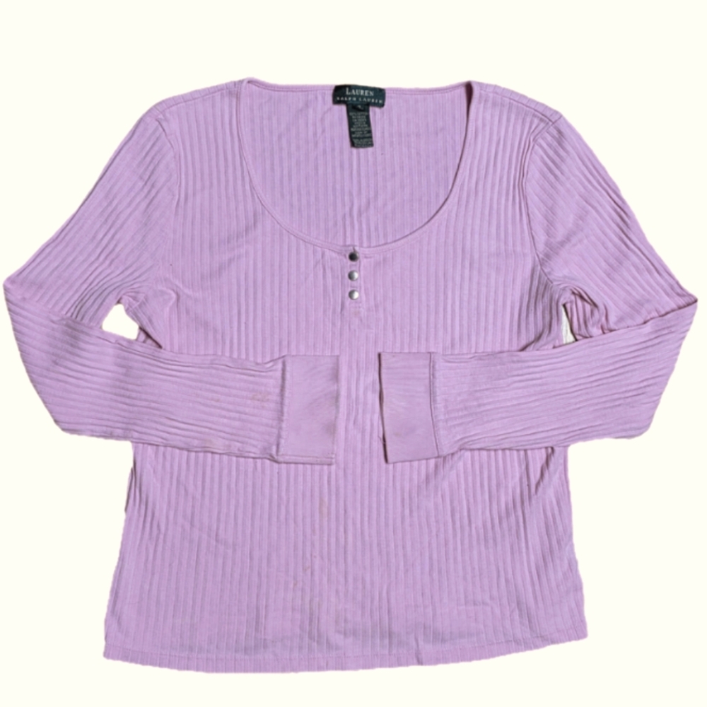 Ralph Lauren Women's Pink Ribbed Scoop Neck Popover Sweater‎ Size XL 100% Cotton